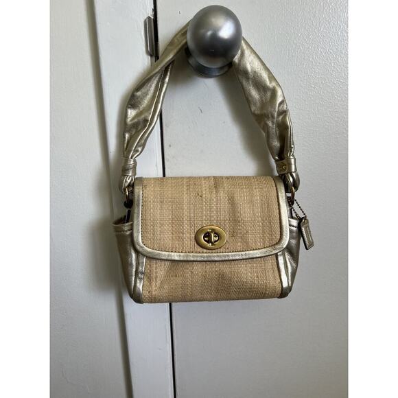 Coach Parker Straw Top Handle Handbag GOLD leather trim #42475 - Picture 9 of 12